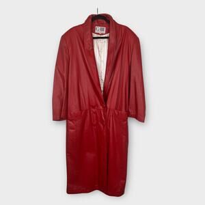 G-III Medium Red Leather Oversized 80s Shoulder Pad Button Closure Long Jacket